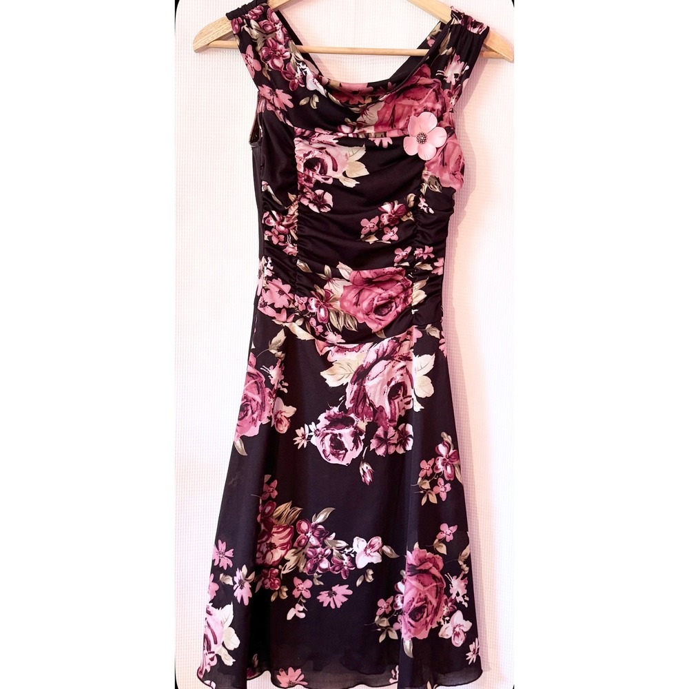 My Michelle Vintage Y2K Floral Ruched Cowl Neck Dress Brown Pink Small USA Made